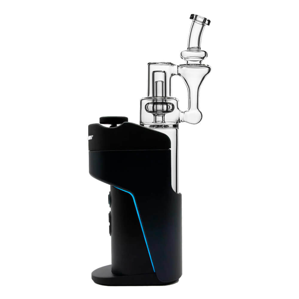 Calibear clear borosilicate RBR recycler glass attachment shown standalone and mounted on a black Dr. Dabber Switch e-rig base.