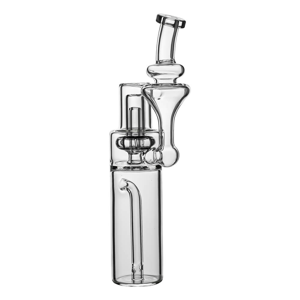 Calibear clear borosilicate RBR recycler glass attachment shown standalone and mounted on a black Dr. Dabber Switch e-rig base.