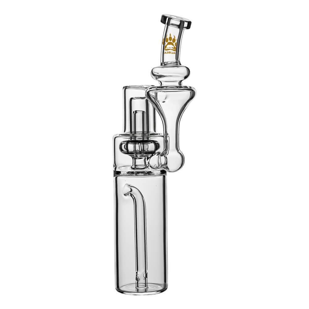 Calibear clear borosilicate RBR recycler glass attachment shown standalone and mounted on a black Dr. Dabber Switch e-rig base.