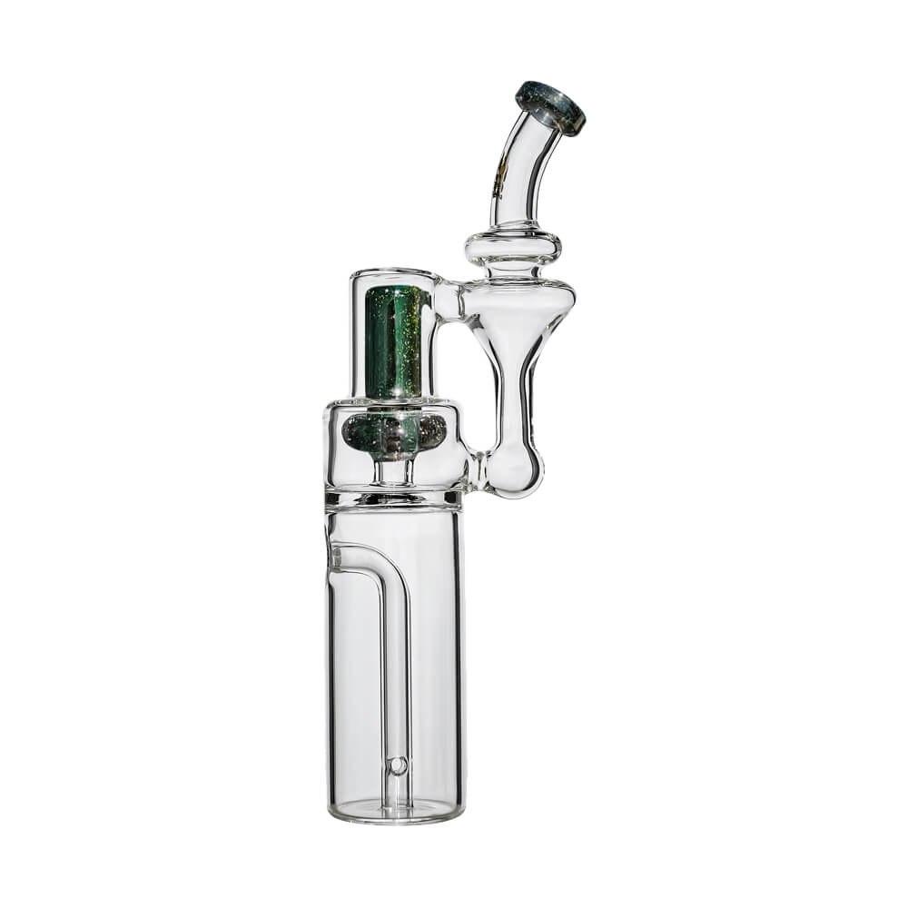 Calibear borosilicate RBR recycler glass attachment shown standalone and mounted on a black Dr. Dabber Switch e-rig base.