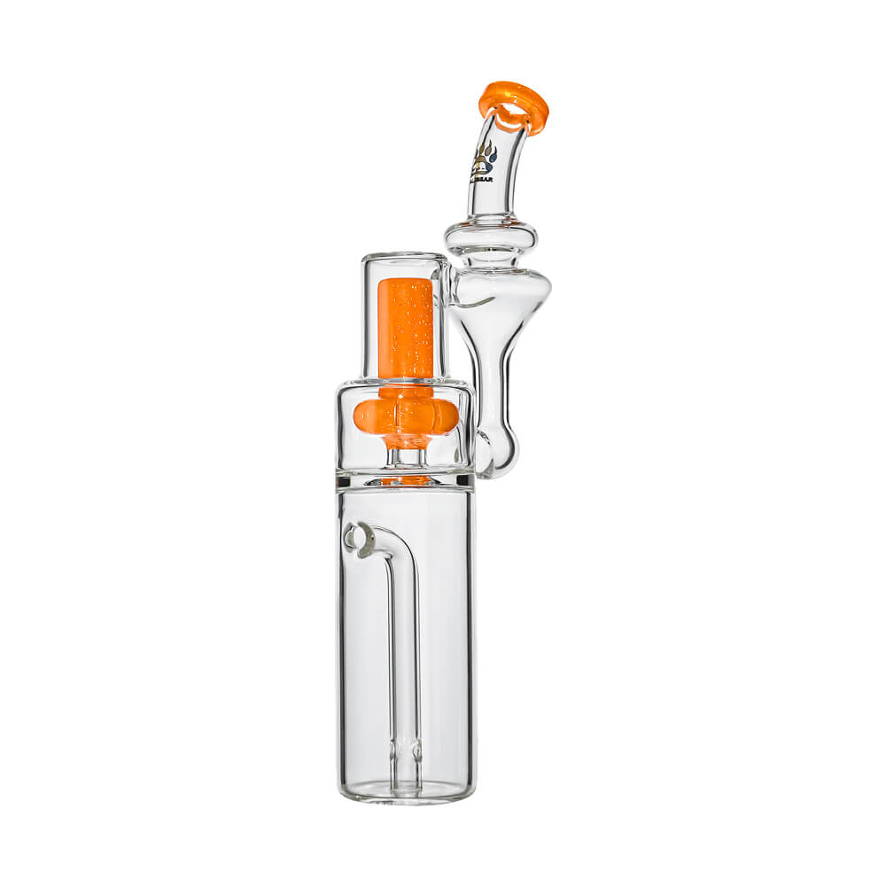 Calibear borosilicate RBR recycler glass attachment shown standalone and mounted on a black Dr. Dabber Switch e-rig base.