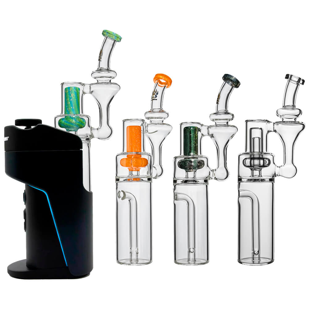 Calibear borosilicate RBR recycler glass attachment shown standalone and mounted on a black Dr. Dabber Switch e-rig base.