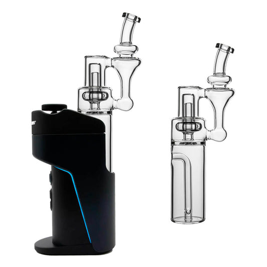 Calibear clear borosilicate RBR recycler glass attachment shown standalone and mounted on a black Dr. Dabber Switch e-rig base.