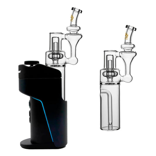Calibear clear borosilicate RBR recycler glass attachment shown standalone and mounted on a black Dr. Dabber Switch e-rig base.