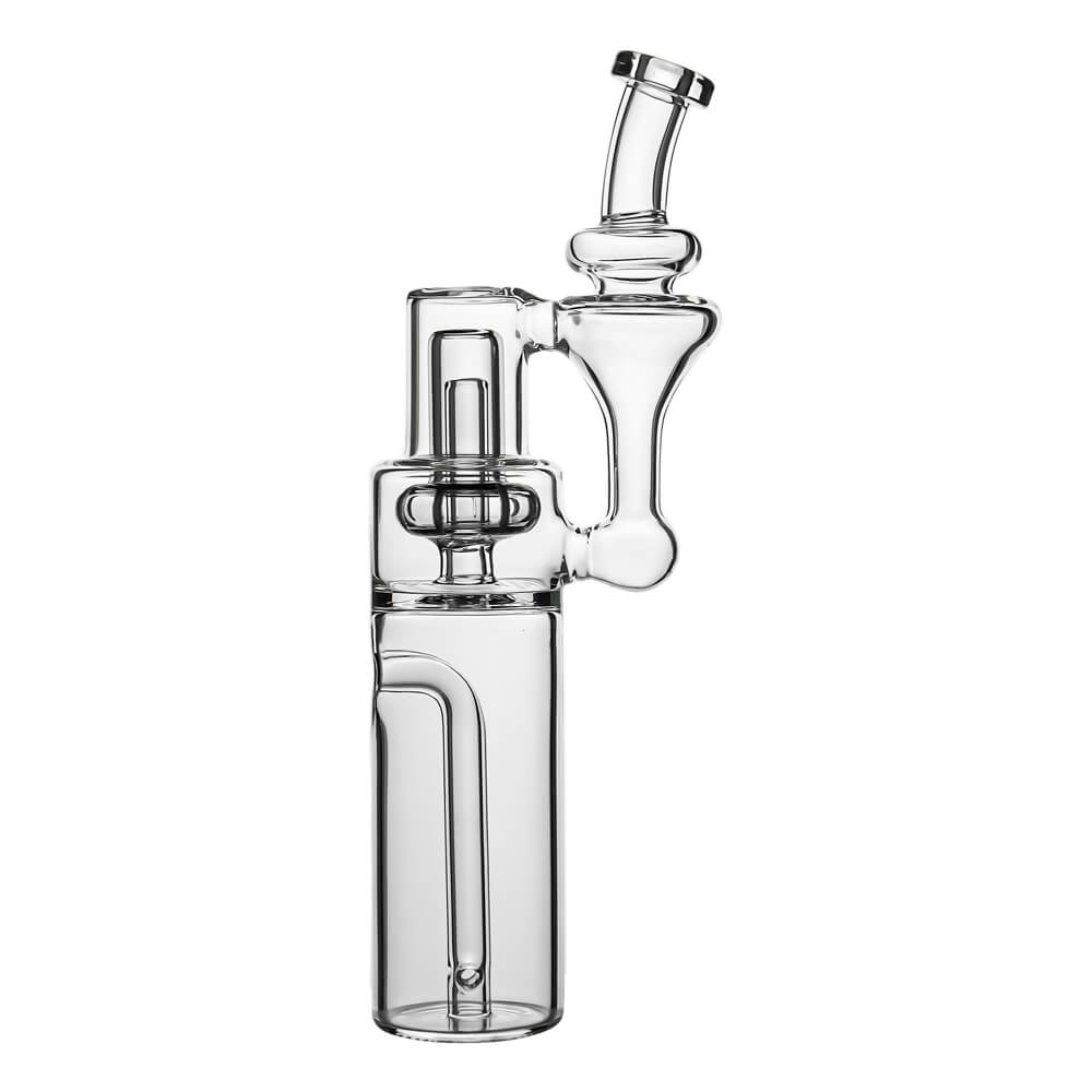 Calibear clear borosilicate RBR recycler glass attachment shown standalone and mounted on a black Dr. Dabber Switch e-rig base.