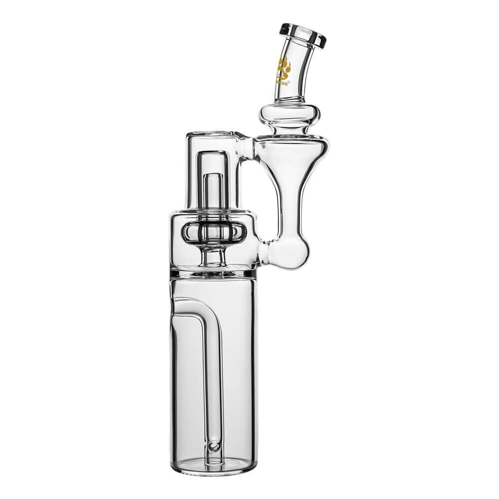 Calibear clear borosilicate RBR recycler glass attachment shown standalone and mounted on a black Dr. Dabber Switch e-rig base.
