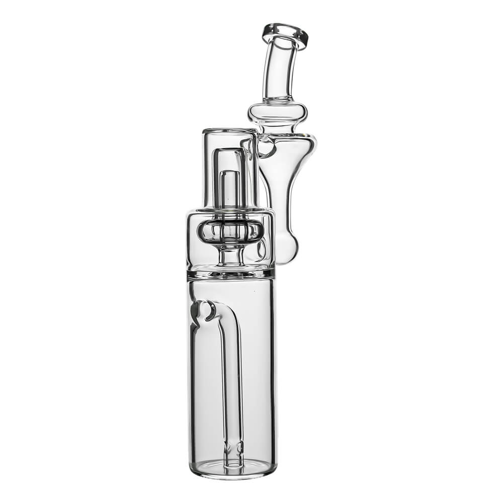 Calibear clear borosilicate RBR recycler glass attachment shown standalone and mounted on a black Dr. Dabber Switch e-rig base.