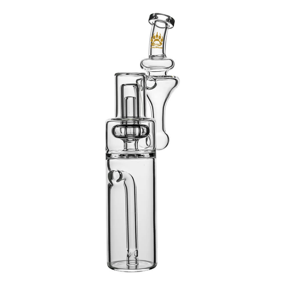 Calibear clear borosilicate RBR recycler glass attachment shown standalone and mounted on a black Dr. Dabber Switch e-rig base.
