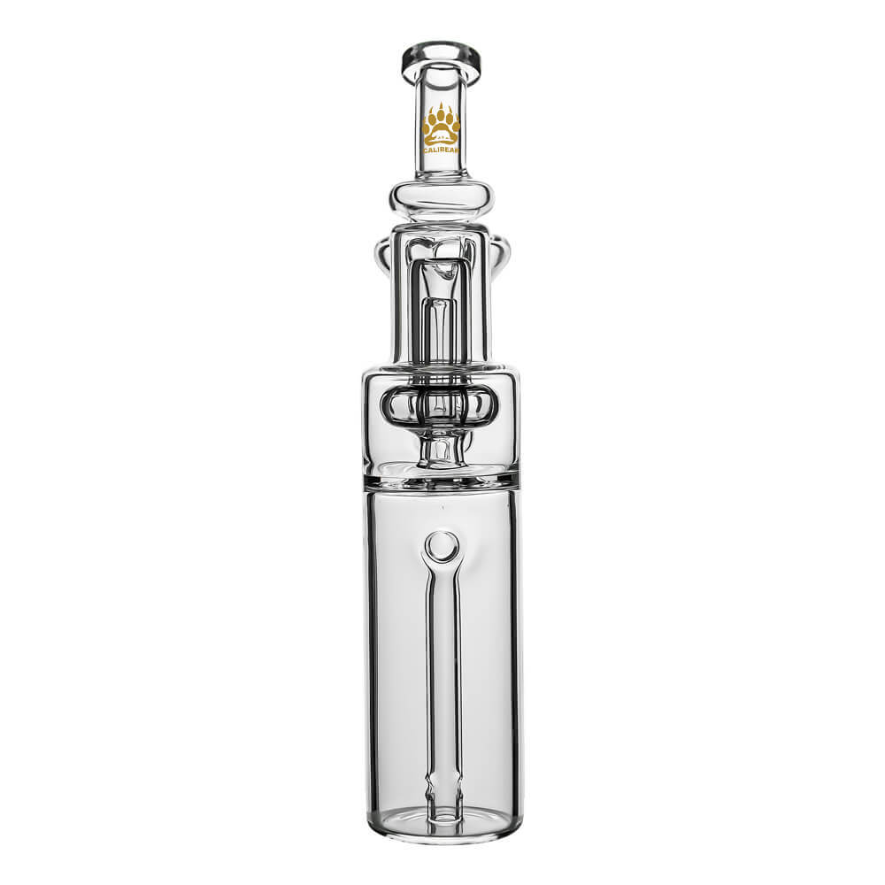 Calibear clear borosilicate RBR recycler glass attachment shown standalone and mounted on a black Dr. Dabber Switch e-rig base.