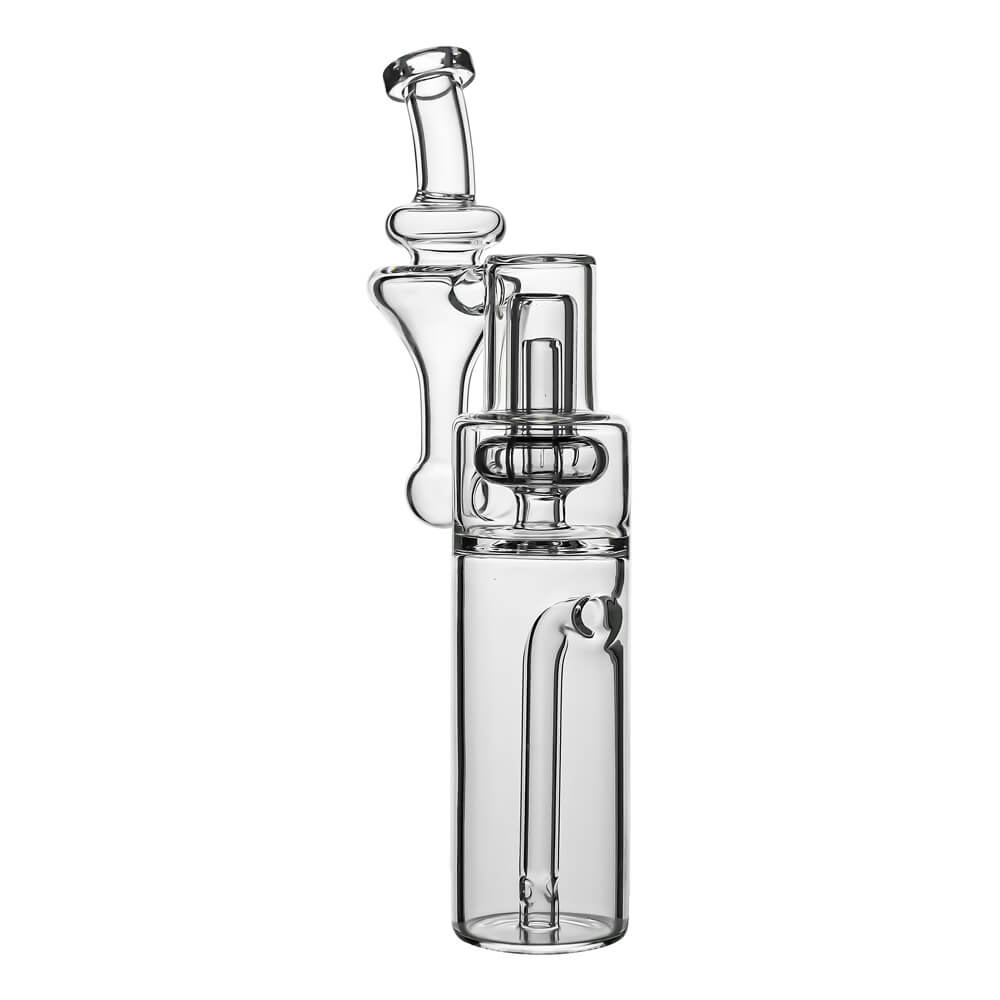Calibear clear borosilicate RBR recycler glass attachment shown standalone and mounted on a black Dr. Dabber Switch e-rig base.