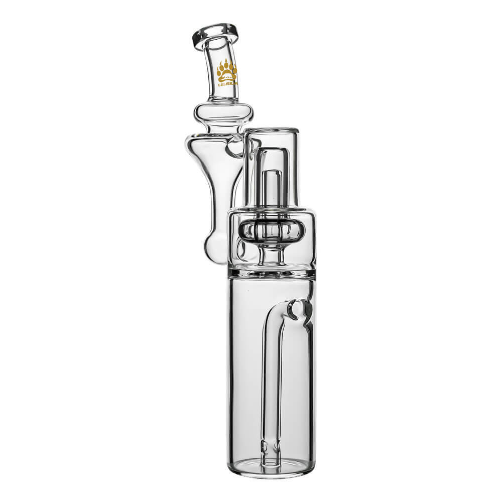 Calibear clear borosilicate RBR recycler glass attachment shown standalone and mounted on a black Dr. Dabber Switch e-rig base.