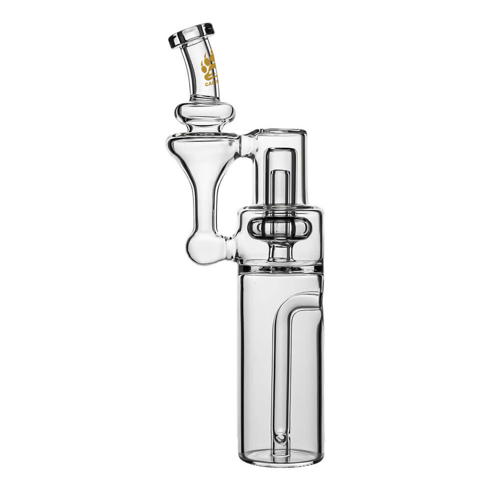 Calibear clear borosilicate RBR recycler glass attachment shown standalone and mounted on a black Dr. Dabber Switch e-rig base.