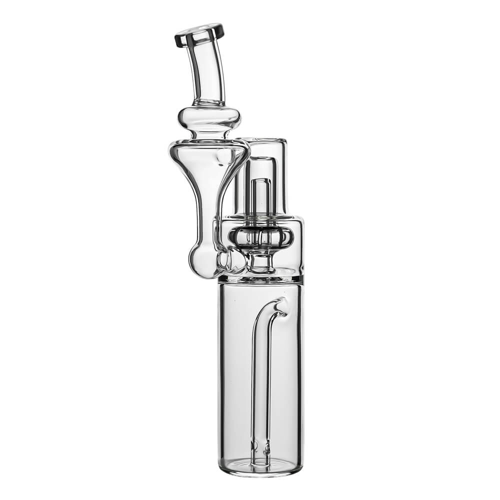 Calibear clear borosilicate RBR recycler glass attachment shown standalone and mounted on a black Dr. Dabber Switch e-rig base.