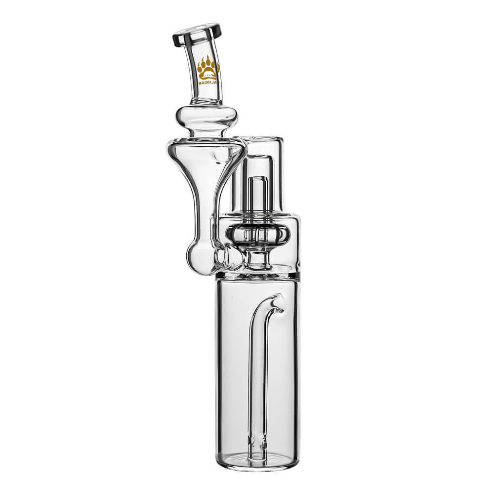 Calibear clear borosilicate RBR recycler glass attachment shown standalone and mounted on a black Dr. Dabber Switch e-rig base.