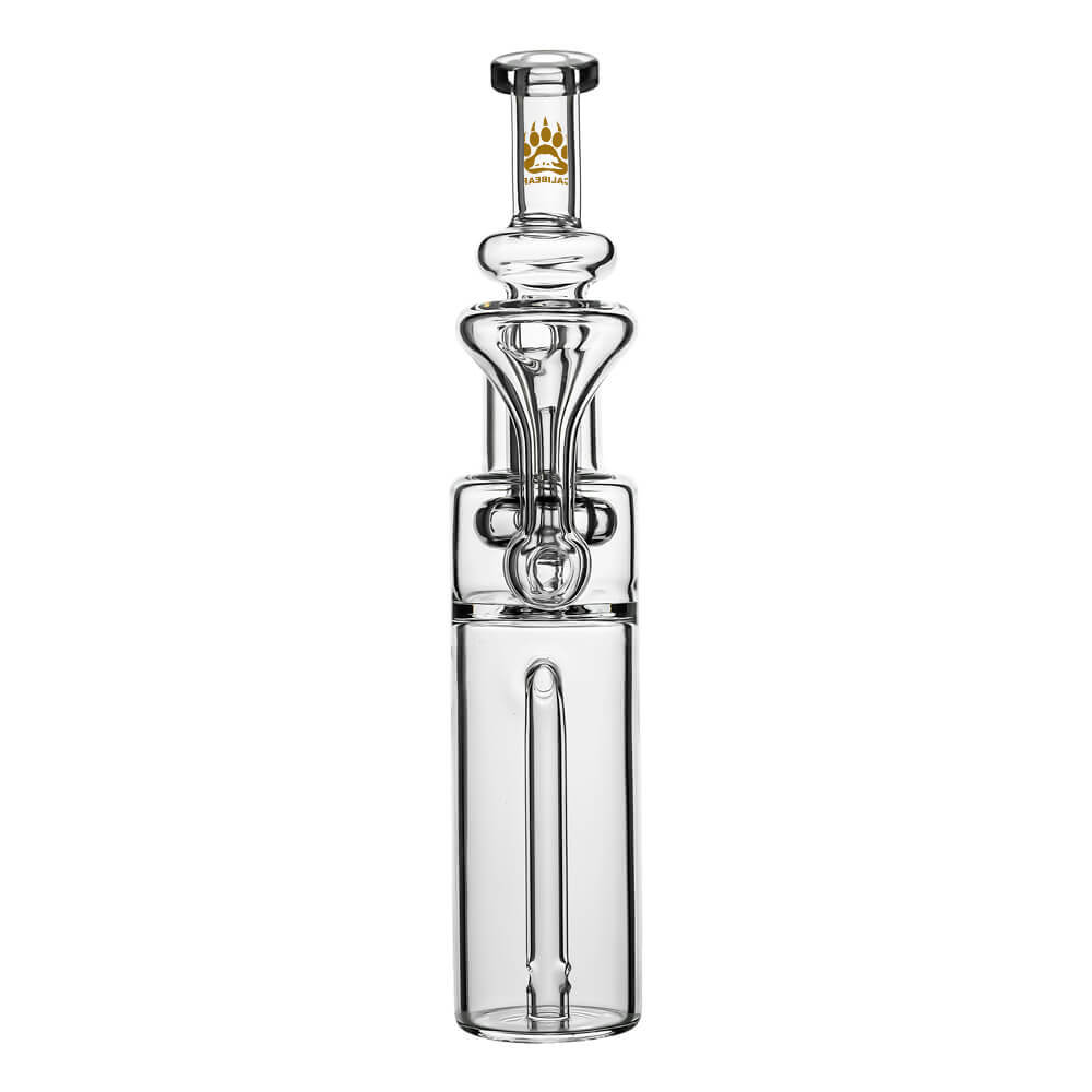 Calibear clear borosilicate RBR recycler glass attachment shown standalone and mounted on a black Dr. Dabber Switch e-rig base.