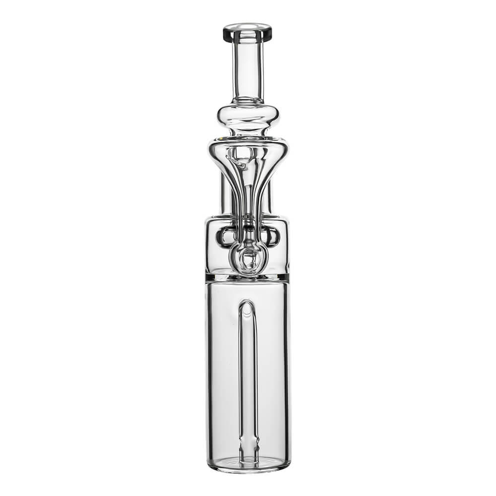 Calibear RBR Recycler Glass Attachment for Dr. Dabber Switch, featuring a clear borosilicate glass water filtration bubbler shown both attached to the black device base and as a standalone piece. 