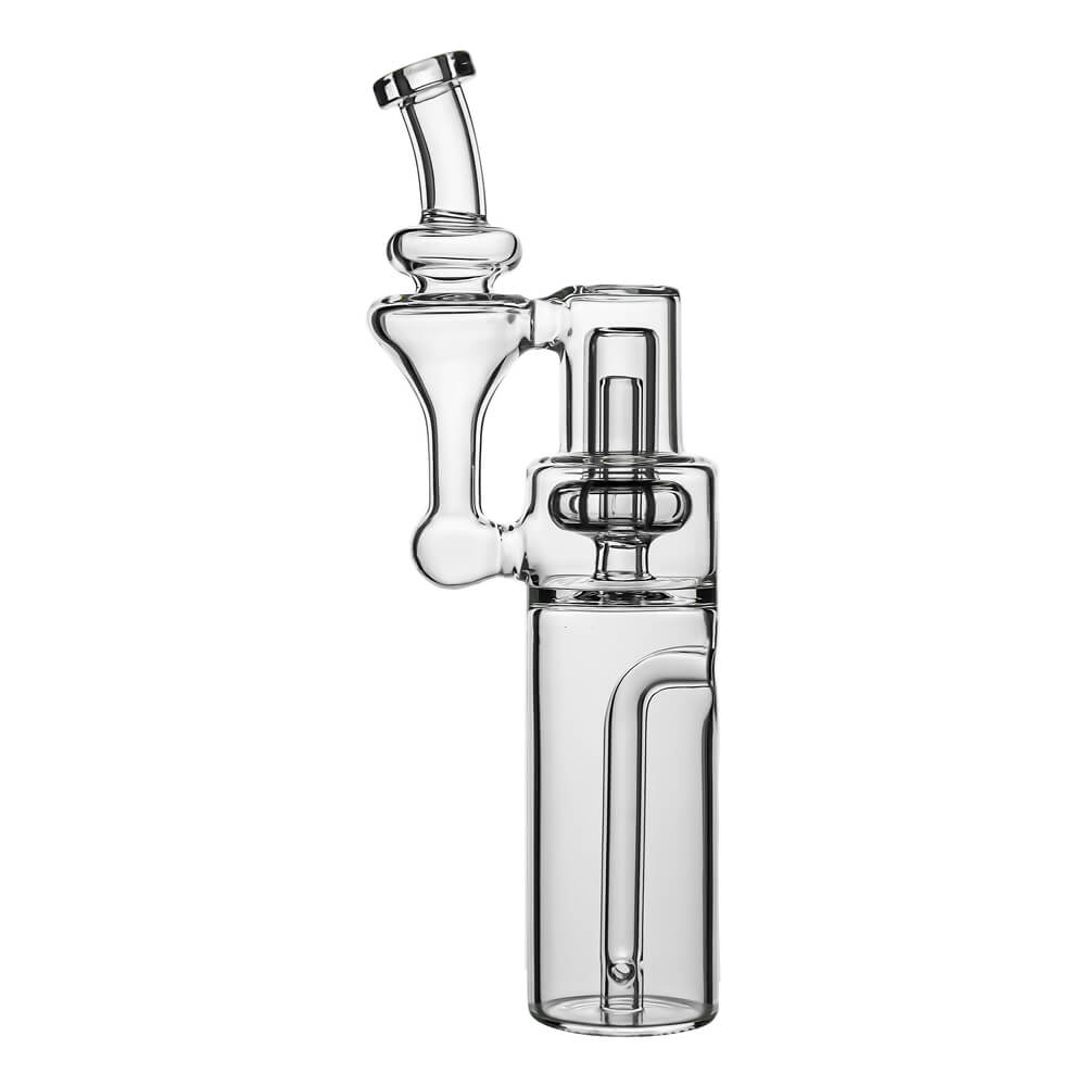 Calibear RBR Recycler Glass Attachment for Dr. Dabber Switch, featuring a clear borosilicate glass water filtration bubbler shown both attached to the black device base and as a standalone piece. 