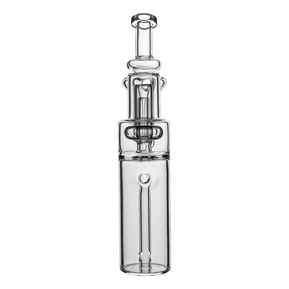 Calibear RBR Recycler Glass Attachment for Dr. Dabber Switch, featuring a clear borosilicate glass water filtration bubbler shown both attached to the black device base and as a standalone piece. 