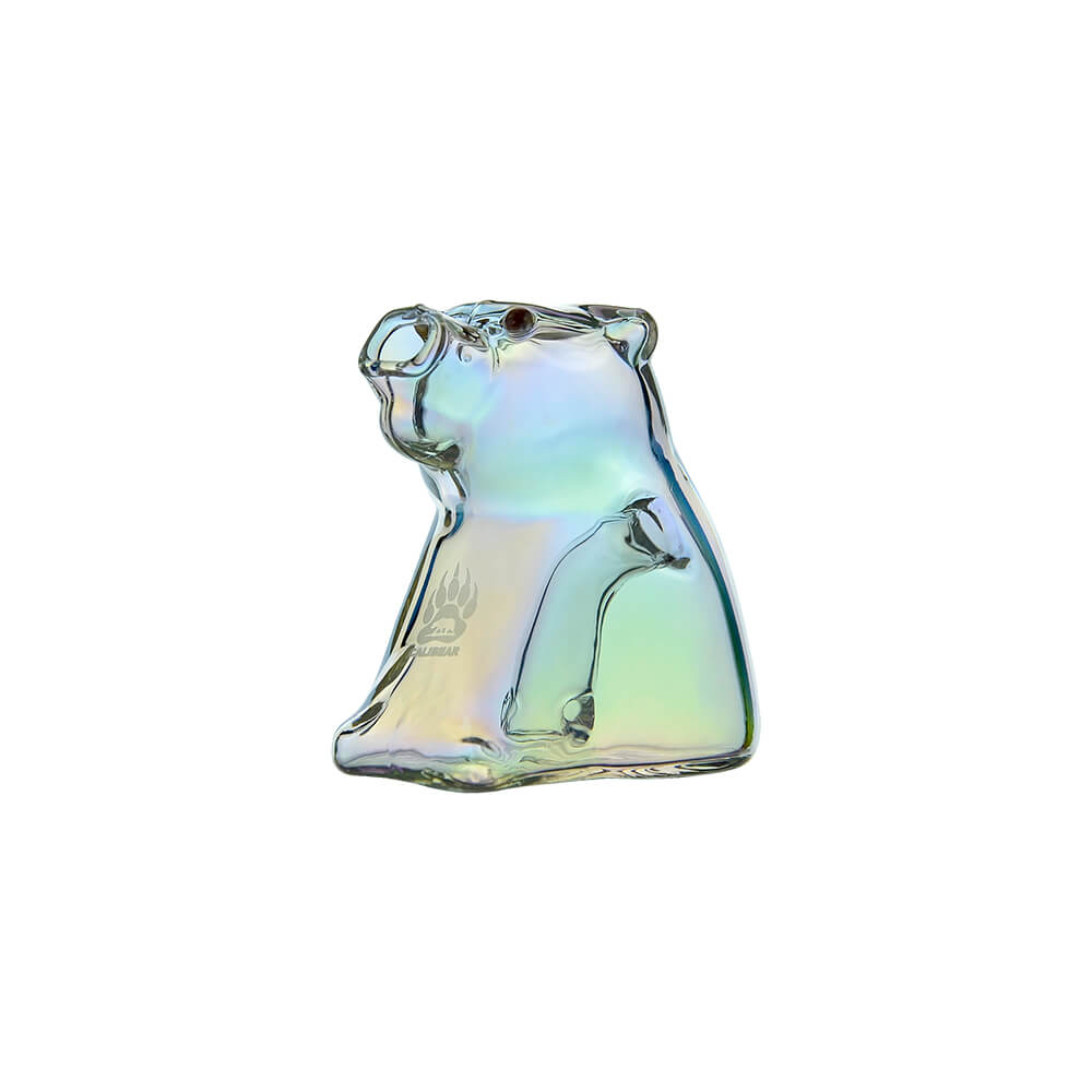 Calibear Signature Bear Joint Holder (Iridensent), angled view of iridescent glass bear figure featuring Calibear logo, sculpted details and joint holding opening