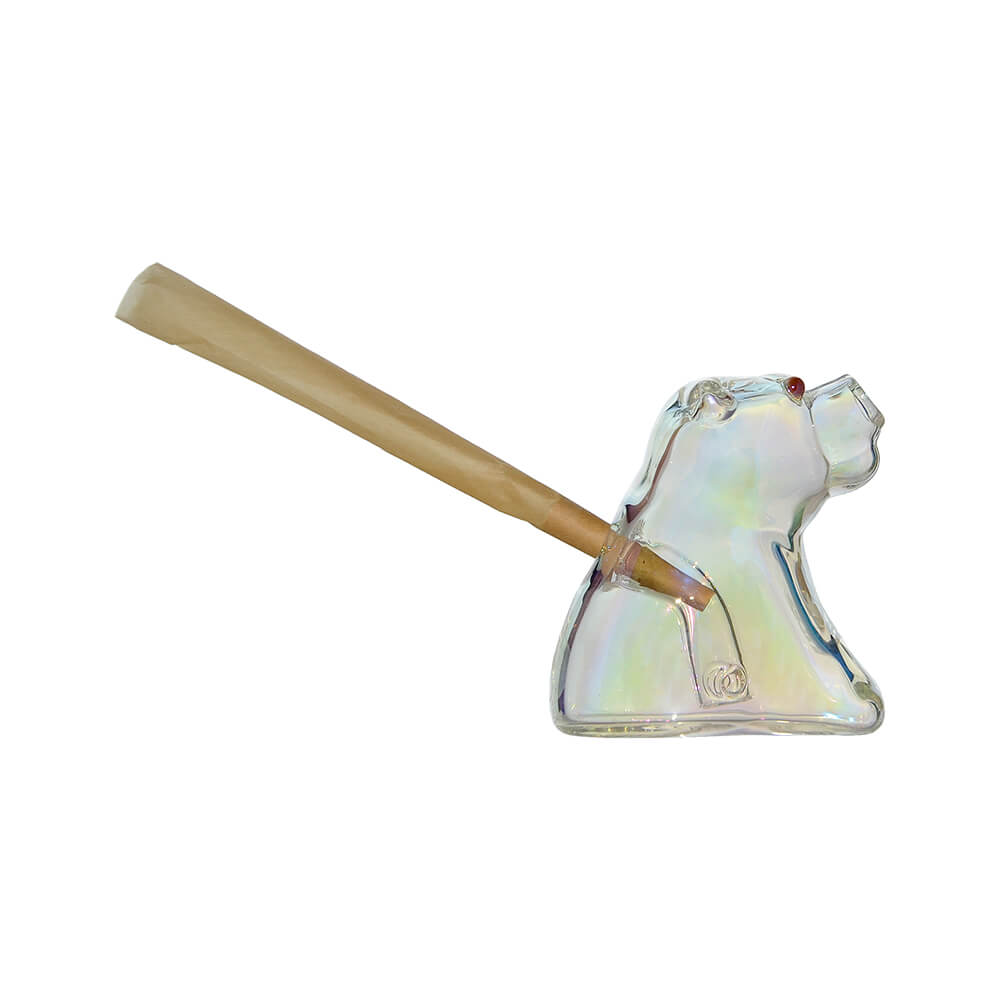 Calibear Signature Bear Joint Holder (Iridensent), iridescent glass bear-shaped smoking accessory holding a pre-roll in its angled side opening