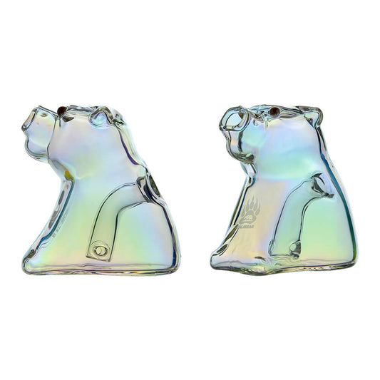 Calibear Signature Bear Joint Holder (Iridensent), dual-angle product display showing iridescent glass bear silhouette, Calibear branding and side joint holder design
