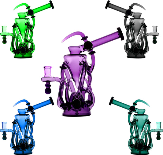 Calibear Spike Recycler Dab Rig color collection showcasing five glass finishes with sculpted spikes, looping recycler tubes, and angled mouthpieces.