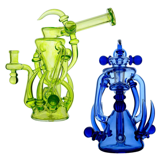 Calibear Spike Recycler Dab Rig color comparison in Lime Green and Blue, showcasing intricate glass recycling tubes and decorative spikes.