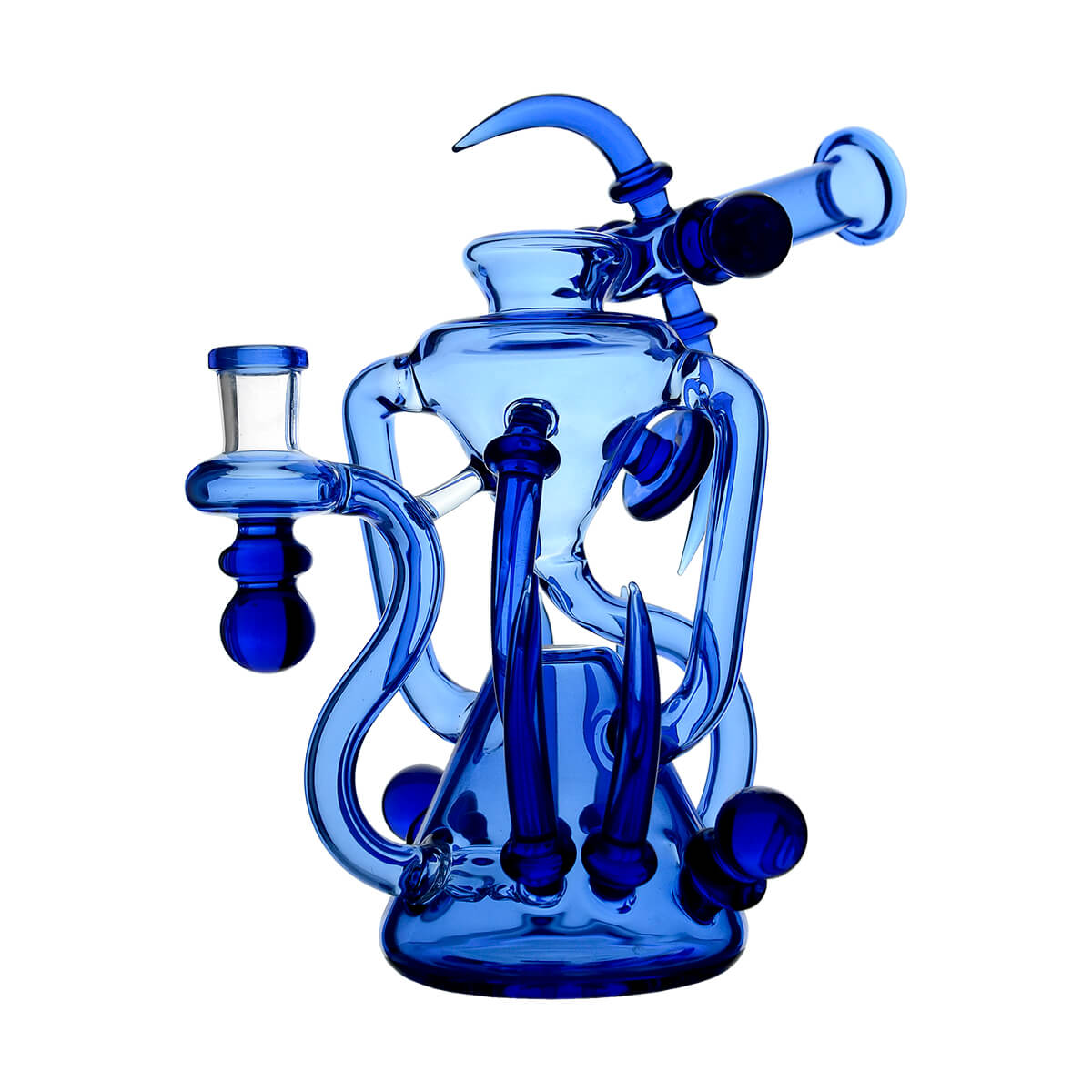 Blue Calibear Spike Recycler Dab Rig side view highlighting the angled mouthpiece, side glass joint and interconnected recycler tubing.
