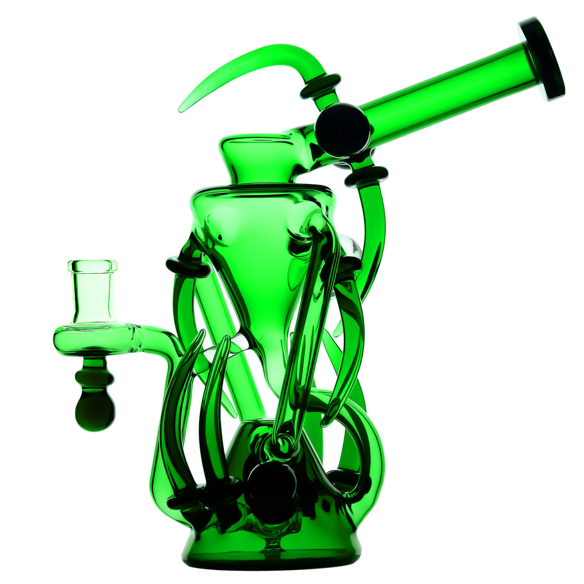 Calibear Spike Recycler Dab Rig in (Green ), showcasing an extended angled mouthpiece, decorative glass spikes, and multiple recycler tubes.