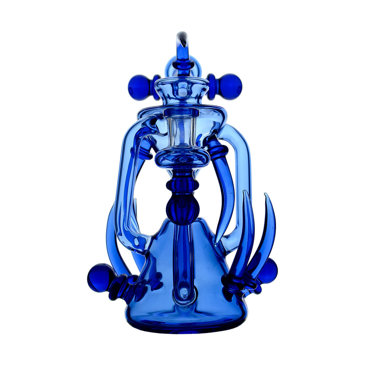 Blue Calibear Spike Recycler Dab Rig rear view showing the central glass chamber, symmetrical recycler loops and decorative spike accents.