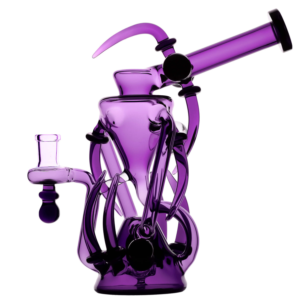 Calibear Spike Recycler Dab Rig in (Purple), featuring a sculpted glass body, side joint, curved spikes, and intricate recycler tubing.