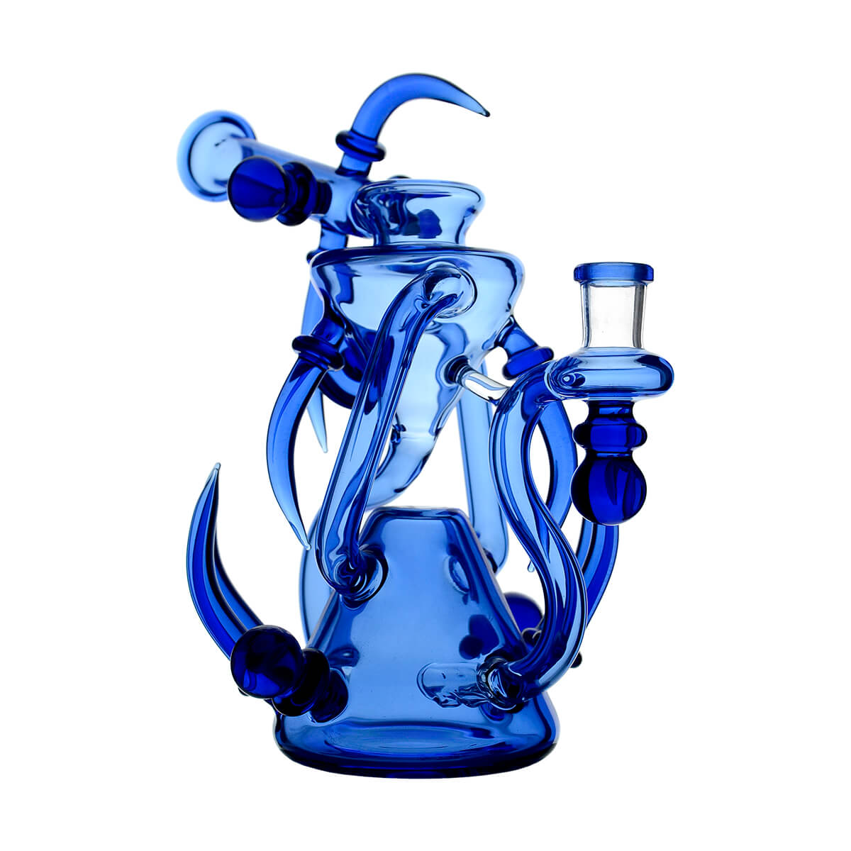 Blue Calibear Spike Recycler Dab Rig rear three-quarter view with curved glass recycling tubes, sculpted spikes and a wide stable base.