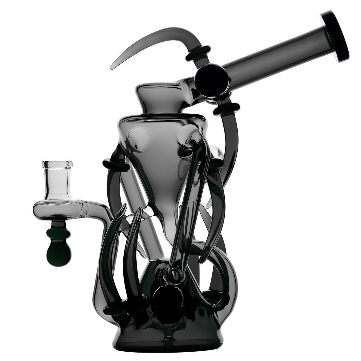 Calibear Spike Recycler Dab Rig in (Black) with a sculptural recycler chamber, curved glass spikes, and an extended angled mouthpiece.