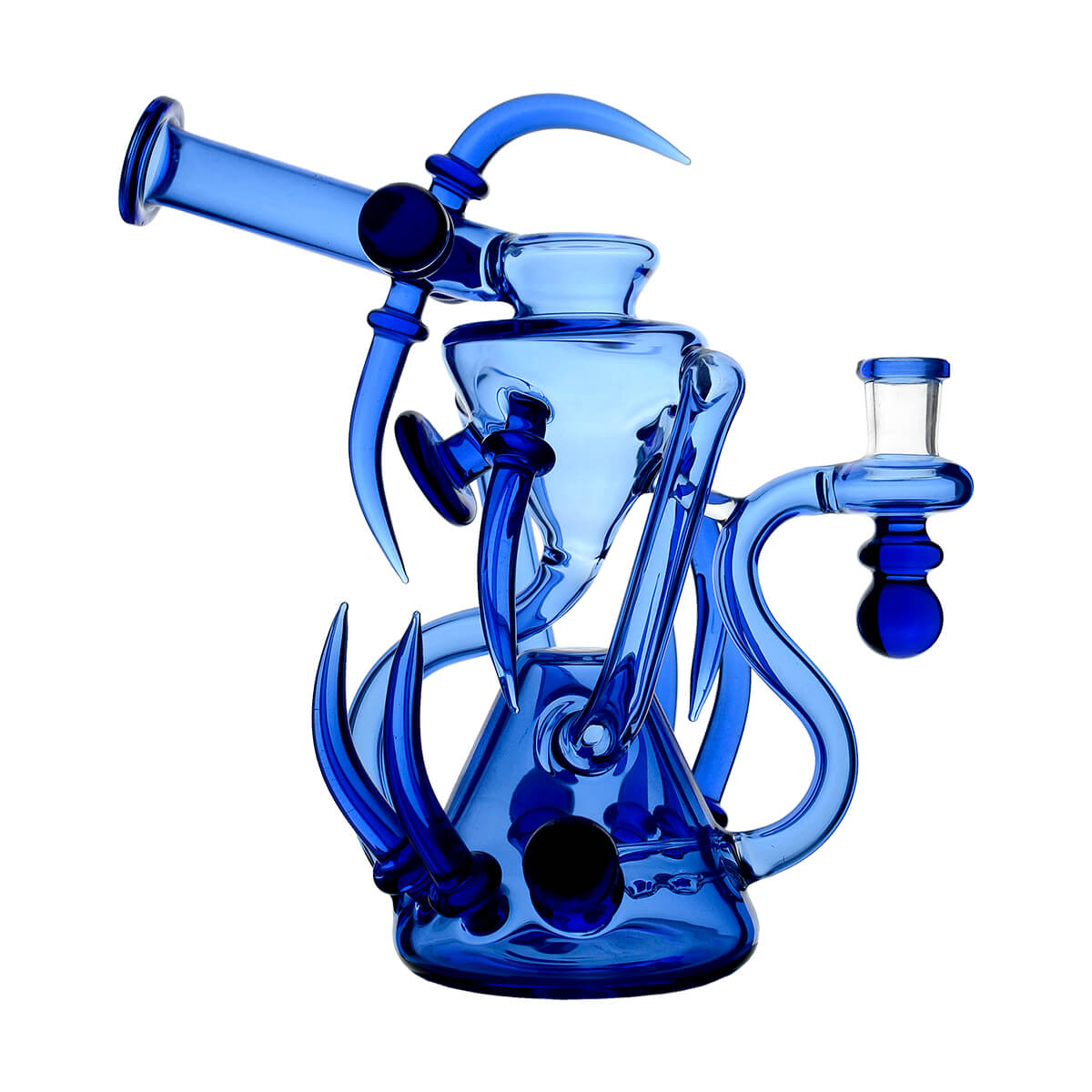 Blue Calibear Spike Recycler Dab Rig opposite side view showcasing the extended mouthpiece, glass joint and complex multi-loop recycler structure.