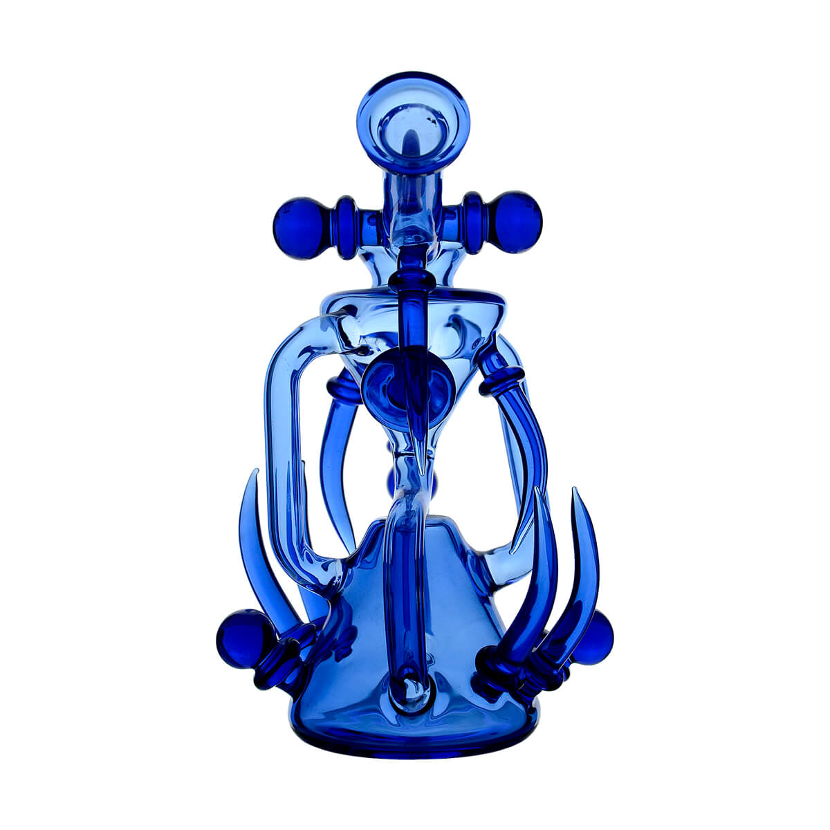 Blue Calibear Spike Recycler Dab Rig back view highlighting the upper mouthpiece opening, vertical glass tubing and symmetrical spike decorations.