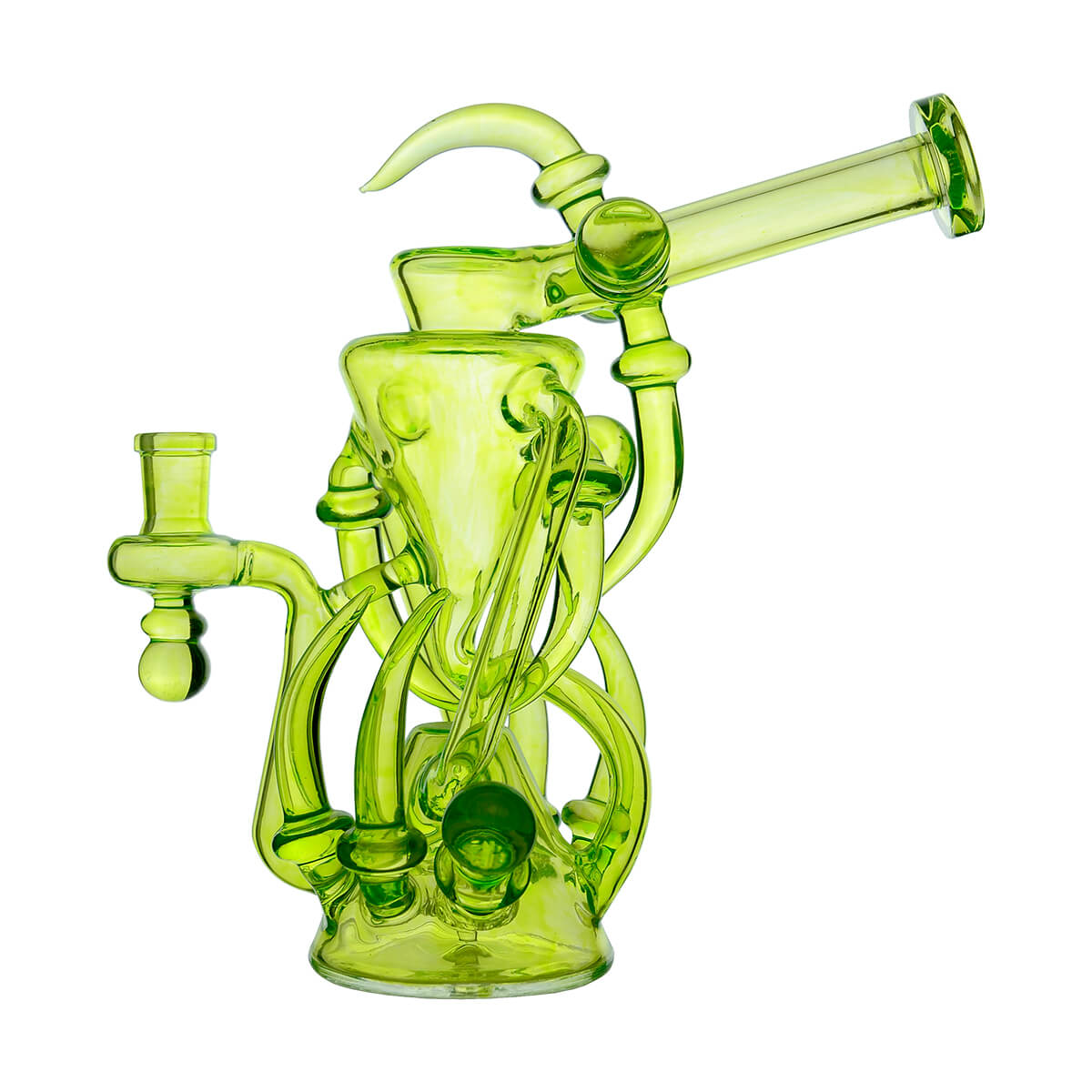 Calibear Spike Recycler Dab Rig in Lime Green glass, featuring a multi-tube recycler design, curved spike accents and an angled mouthpiece