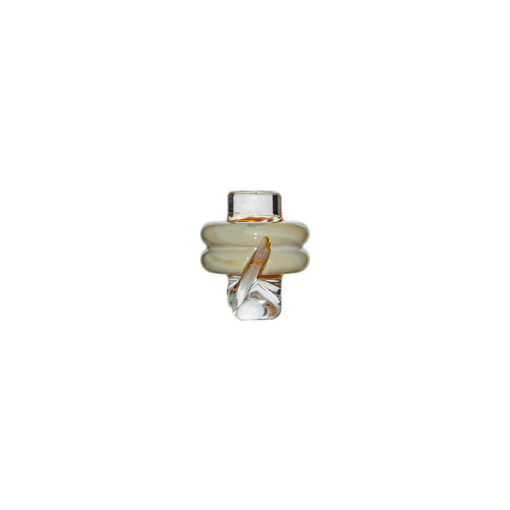 Calibear Spinner Carb Cap (toffee brown) for Dr. Dabber Switch Go, Puffco Proxy and 20mm OD Quartz Bangers, standalone front view featuring milky white glass rings and twisted airflow details