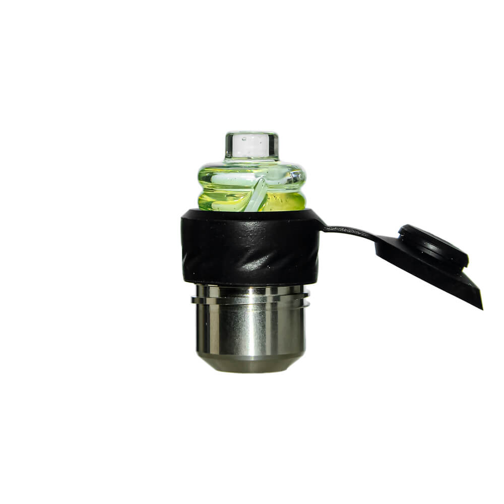Calibear Spinner Carb Cap (lime candy) installed on a compatible atomizer, side view highlighting the double-ring glass body, amber spiral accents and compact fit