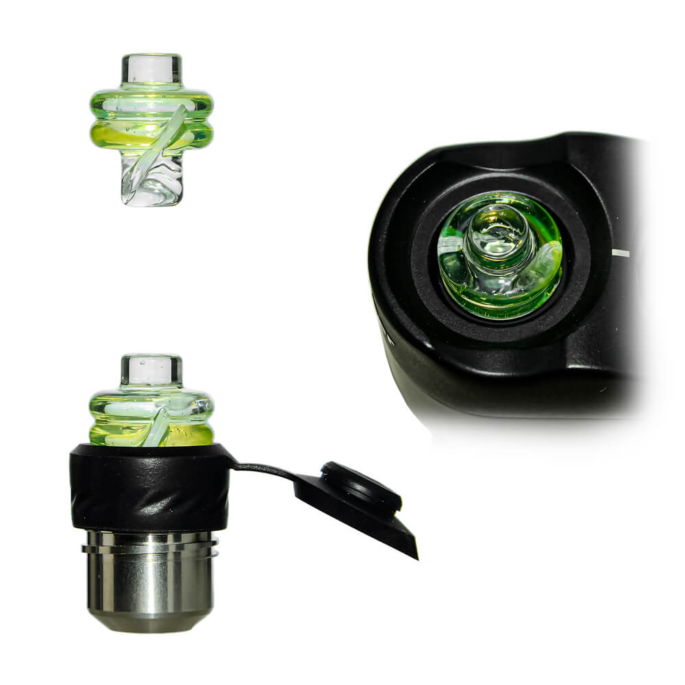 Calibear Spinner Carb Cap (lime candy) for Dr. Dabber Switch Go, Puffco Proxy and 20mm OD Quartz Bangers, multiple views showing spiral glass design, installed fit and top opening