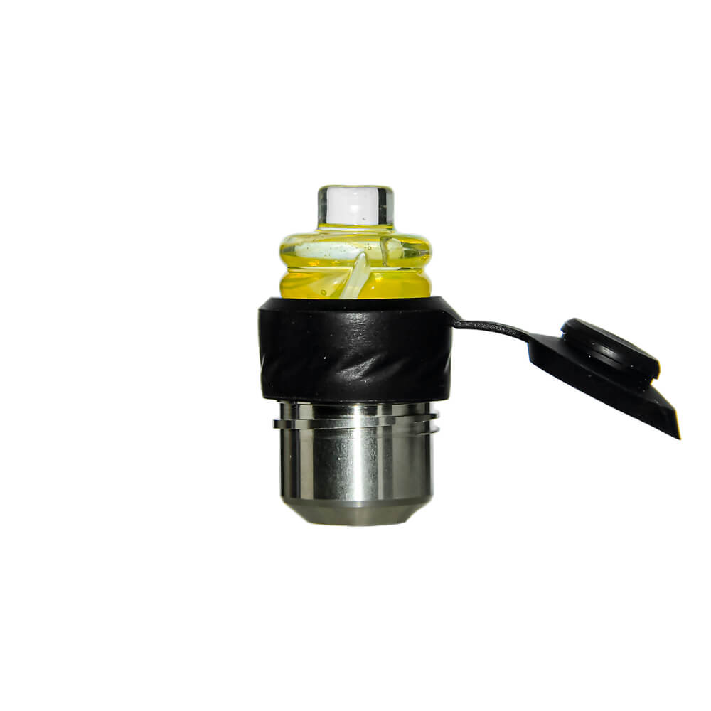 Calibear Spinner Carb Cap (lemon candy) installed on a compatible atomizer, side view highlighting the double-ring glass body, amber spiral accents and compact fit