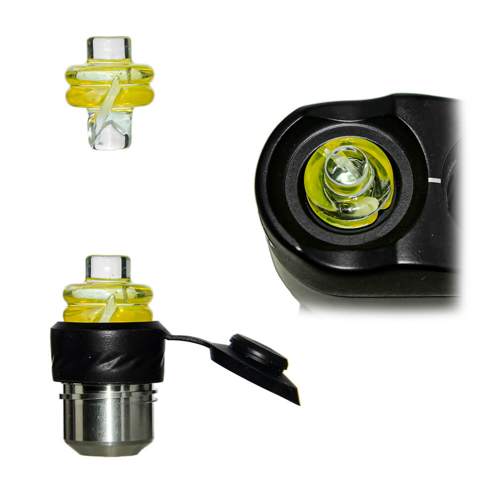 Calibear Spinner Carb Cap (lemon candy) for Dr. Dabber Switch Go, Puffco Proxy and 20mm OD Quartz Bangers, multiple views showing spiral glass design, installed fit and top opening