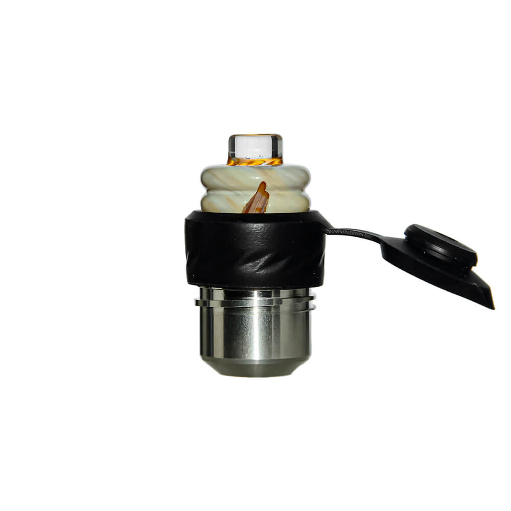 Calibear Spinner Carb Cap (toffee brown) installed on a compatible atomizer, side view highlighting the double-ring glass body, amber spiral accents and compact fit