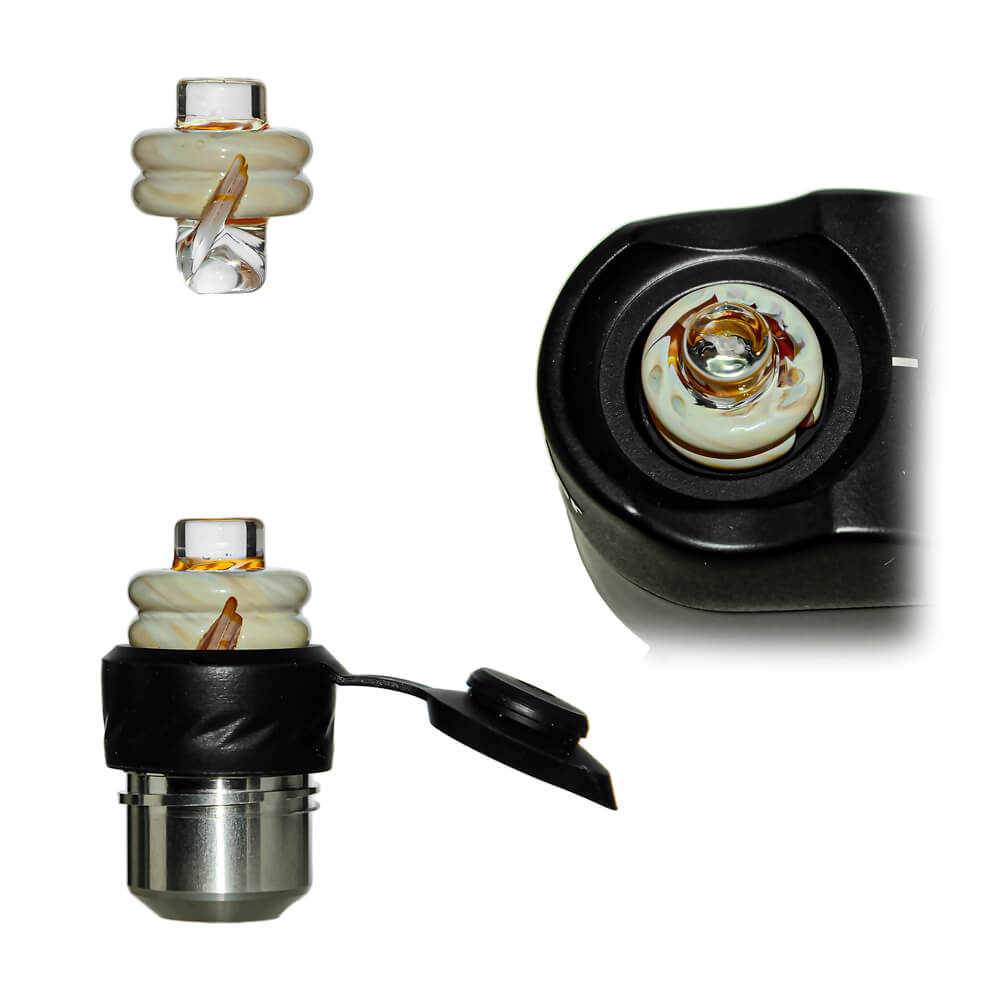 Calibear Spinner Carb Cap (toffee brown) for Dr. Dabber Switch Go, Puffco Proxy and 20mm OD Quartz Bangers, multiple views showing spiral glass design, installed fit and top opening