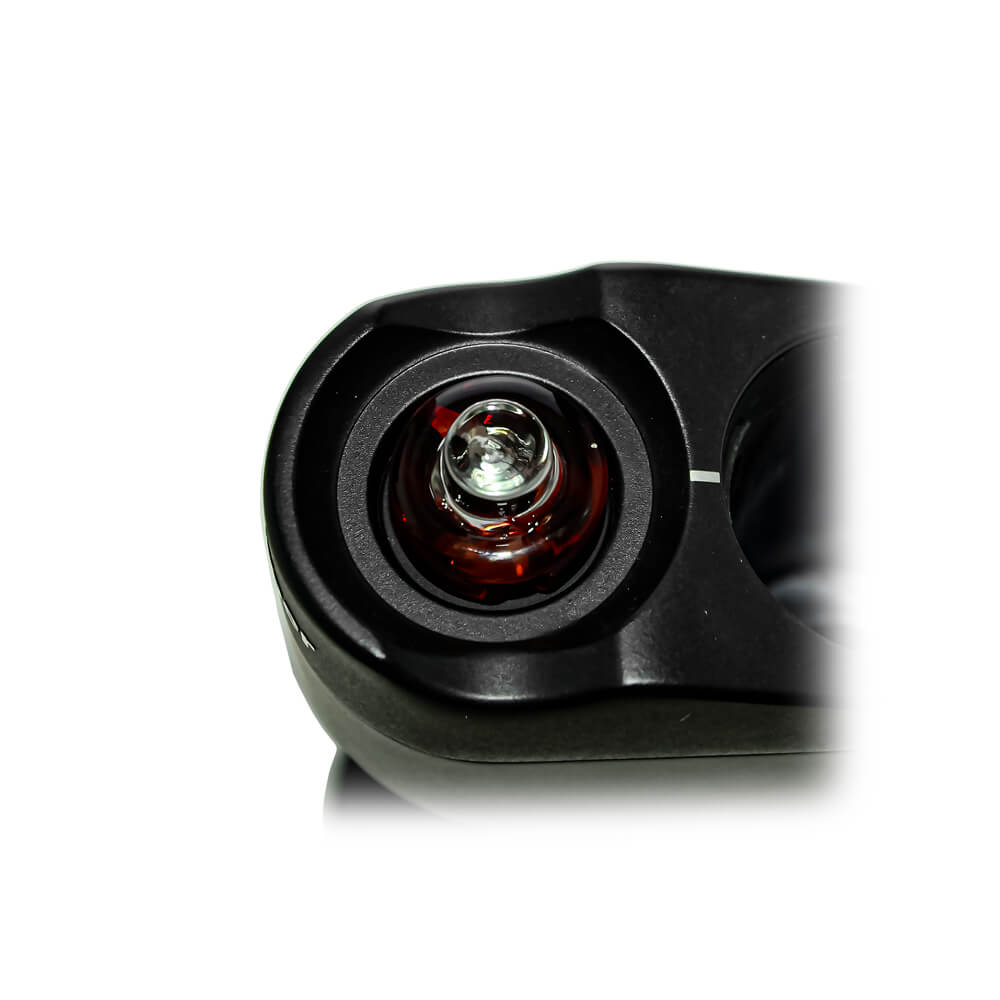 Calibear Spinner Carb Cap (self-striking-red) installed on a compatible atomizer, close-up top view showing the circular glass opening, spiral airflow design and decorative amber accents