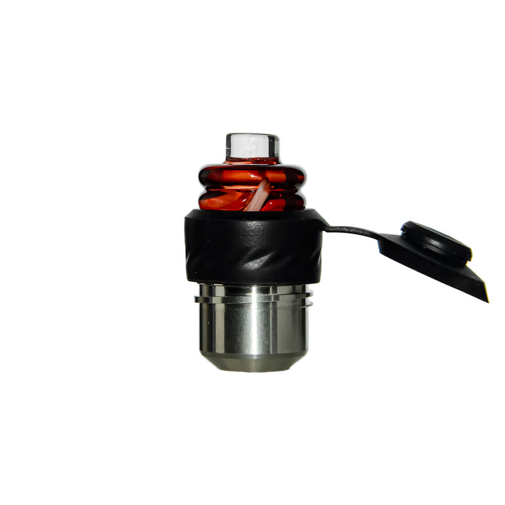 Calibear Spinner Carb Cap (self-striking-red) installed on a compatible atomizer, side view highlighting the double-ring glass body, amber spiral accents and compact fit