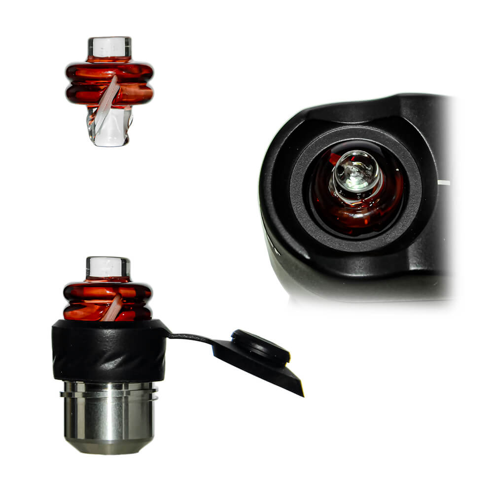 Calibear Spinner Carb Cap (self-striking-red) for Dr. Dabber Switch Go, Puffco Proxy and 20mm OD Quartz Bangers, multiple views showing spiral glass design, installed fit and top opening