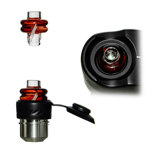 Calibear Spinner Carb Cap (self-striking-red) for Dr. Dabber Switch Go, Puffco Proxy and 20mm OD Quartz Bangers, multiple views showing spiral glass design, installed fit and top opening