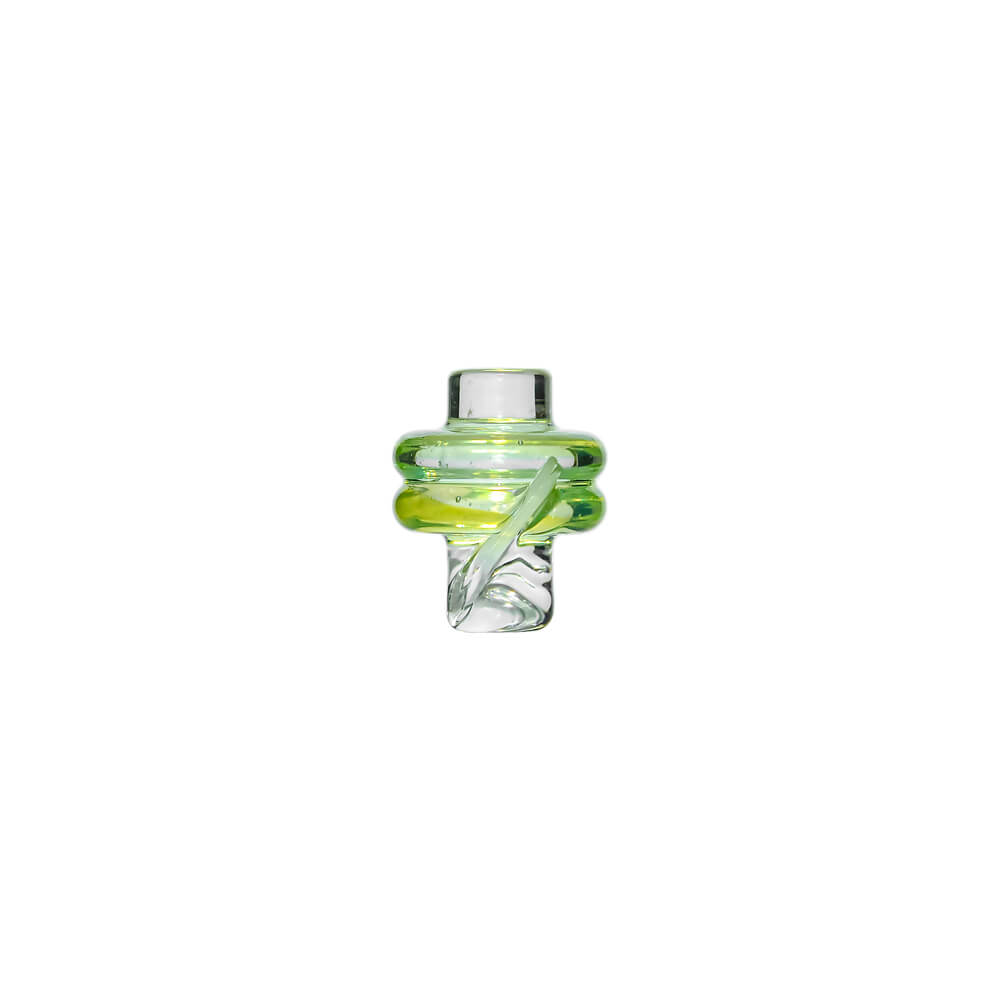 Calibear Spinner Carb Cap (lime candy) for Dr. Dabber Switch Go, Puffco Proxy and 20mm OD Quartz Bangers, standalone front view featuring milky white glass rings and twisted airflow details