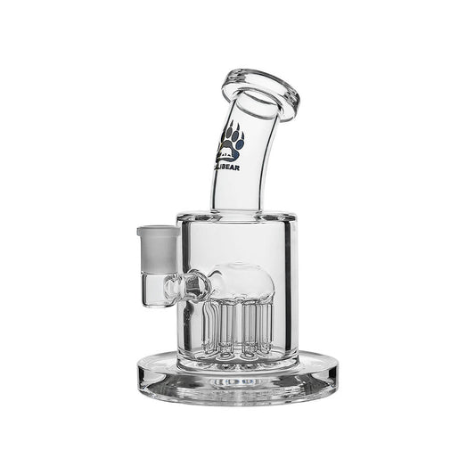 Close-up of Calibear Thick Dab Rig (Clear) multi-arm Tree Perc with vertical diffusion arms inside the glass chamber