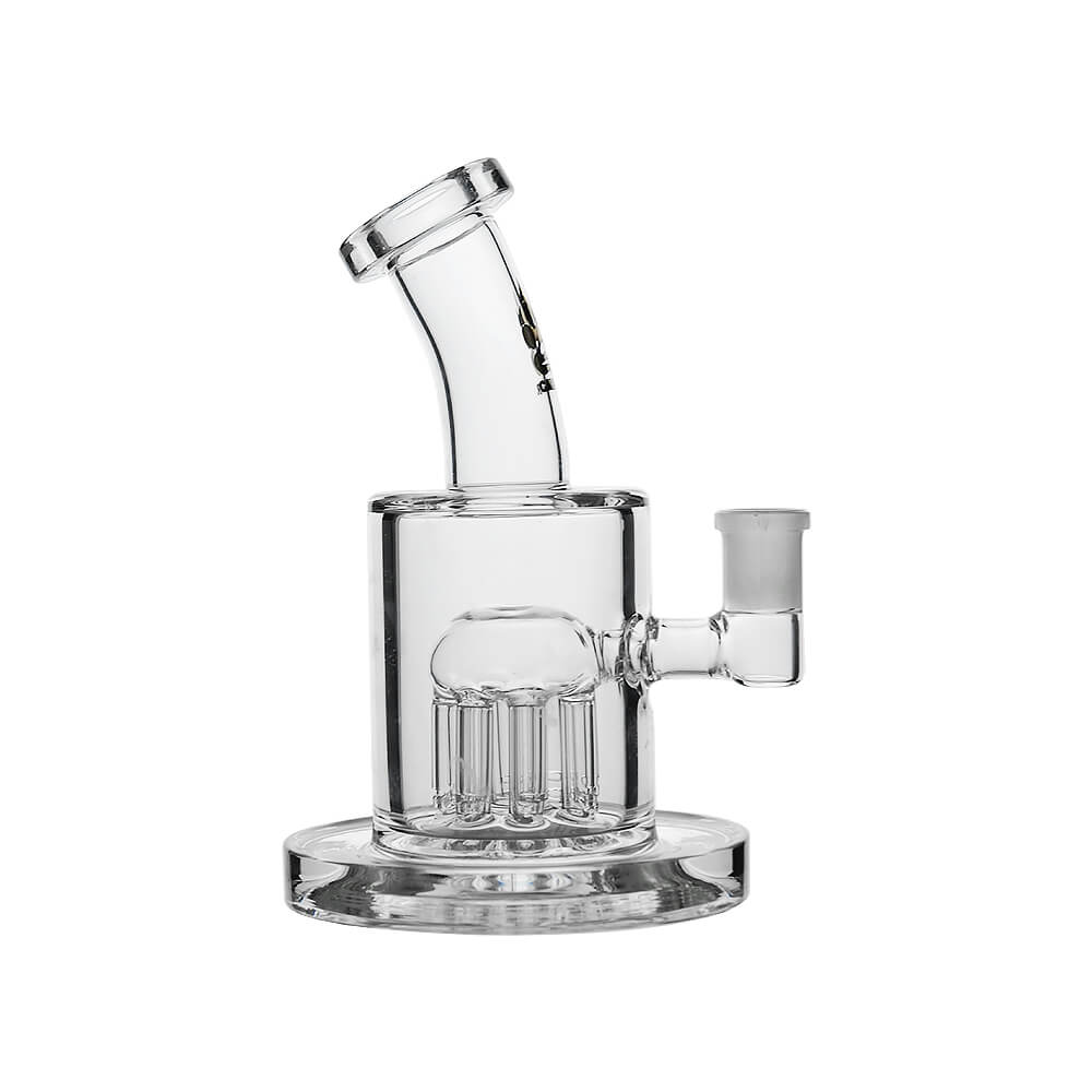 Front view of Calibear Thick Dab Rig (Clear) with Arm Tree Perc, centered side joint and thick cylindrical chamber